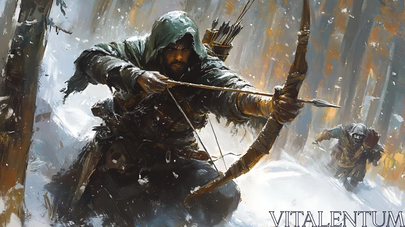 AI ART Hooded Archer in Snowy Woods