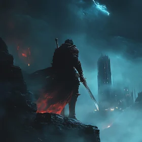 Lone Warrior Overlooking Dark Fortress