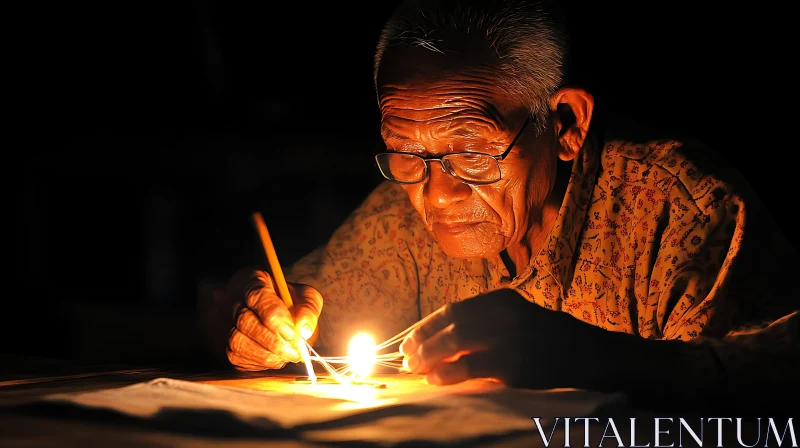 Man Working by Candlelight AI Image