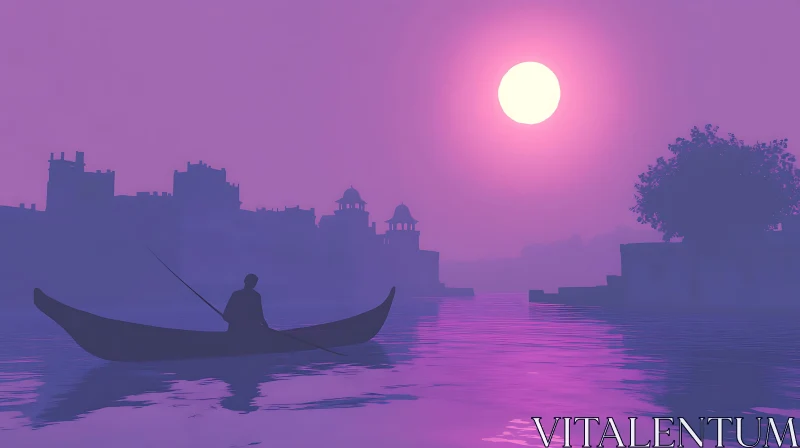 Moonlit Rowboat on Purple Waters AI Image