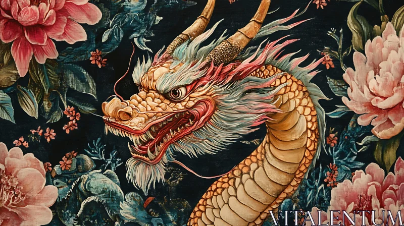 AI ART Golden Dragon with Pink Peonies