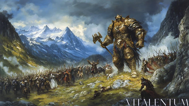 Colossal Warrior and Army in Mountainous Landscape AI Image