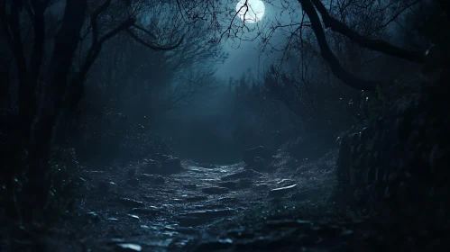 Dark Forest Path Under Moonlight