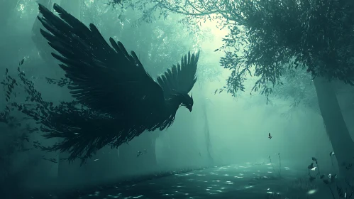 Ethereal Bird Flight in Misty Woods
