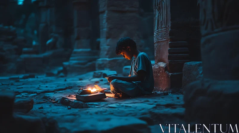 Boy in Ruins with Candlelight AI Image