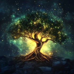 Celestial Tree with Glowing Leaves