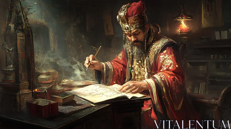 Man in Red Robes Writing in Book AI Image