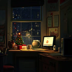 Festive Home Office Scene with Snowy Night