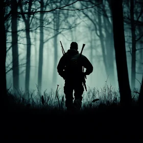 Silhouette of Hunter in Foggy Woods