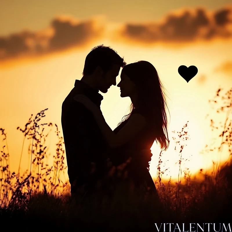 Silhouetted Lovers at Sunset AI Image