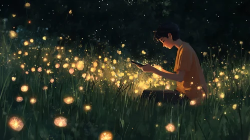 Glowing Meadow Scene with Boy and Fireflies