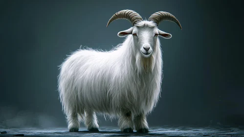 White Goat with Long Fur and Horns