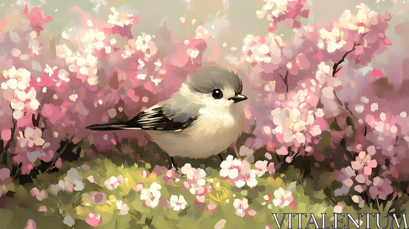 Bird in Cherry Blossom Field AI Image