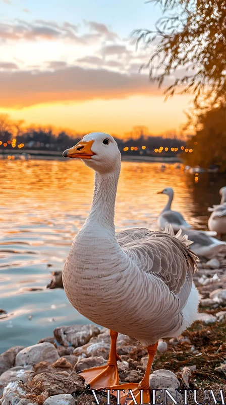 Peaceful Lakeside Goose at Dusk AI Image