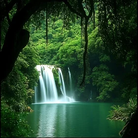 Serene Waterfall in Dense Forest