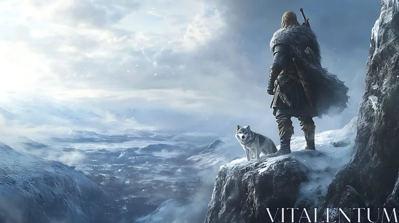 AI ART Icy Mountain Vista with Warrior and Wolf