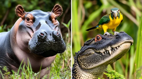 Wildlife Encounters: Hippo, Crocodile, and Colorful Parrot