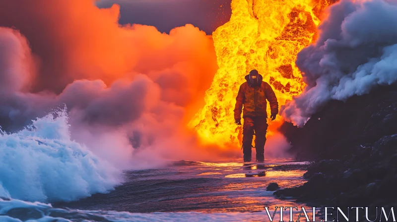 Lava Meets Ocean with Protective Suit-Clad Person AI Image