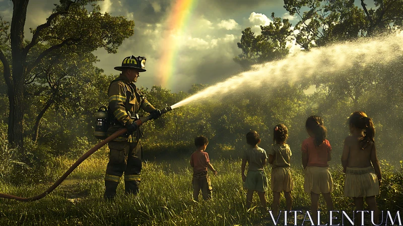 AI ART Children Watching Firefighter with Rainbow