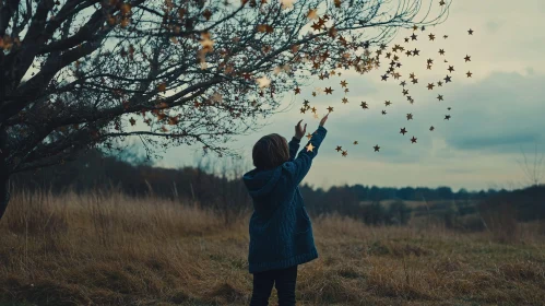 Child Reaching for Starry Autumn Leaves