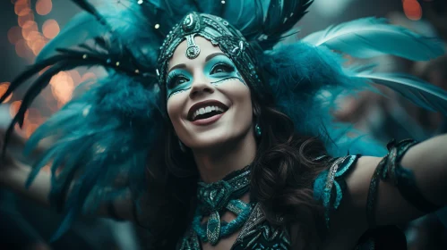 Carnival Euphoria: Woman Dancing in Blue Feather Costume