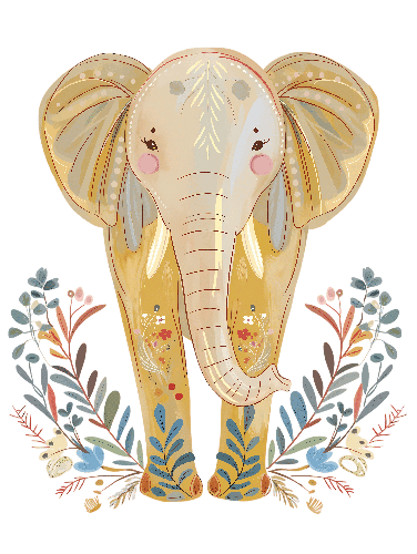 POD Design Cartoon Elephant with Flowers Illustration on Transparent Background