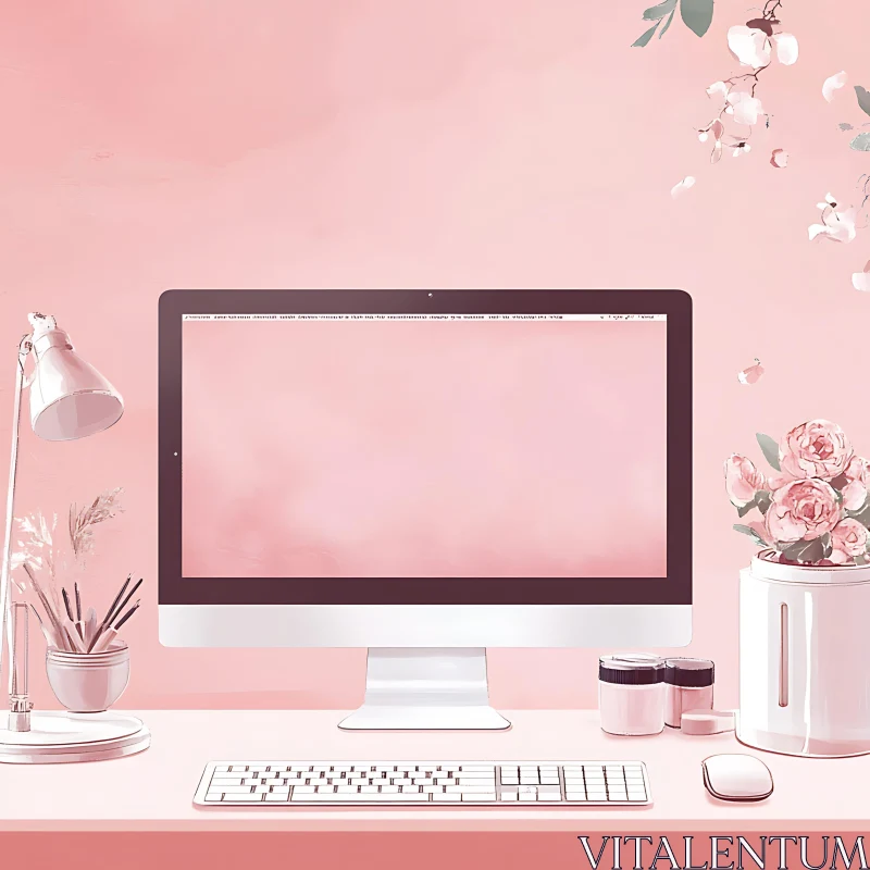 Sophisticated Pink Office Setup with Flowers AI Image