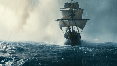 Courage in the Storm: A Captivating Digital Painting of a Sailing Ship in a Stormy Sea