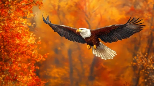 Eagle Soaring Amidst Autumn Leaves