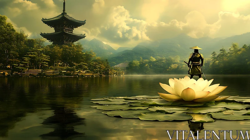 Samurai on Lotus Flower AI Image