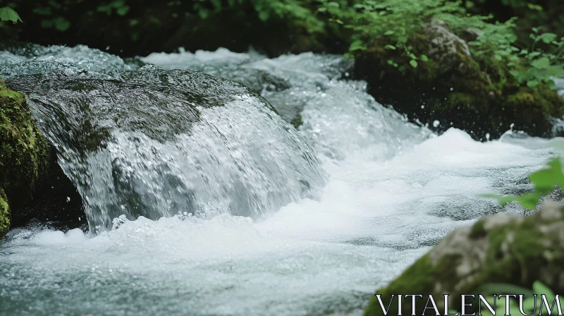 AI ART Peaceful Flowing Water Over Mossy Rocks