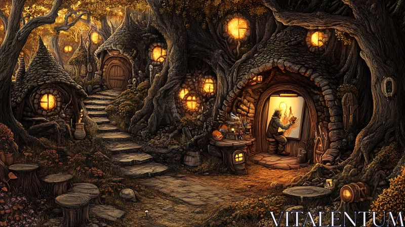 Quaint Hobbit Homes in Mystical Forest AI Image