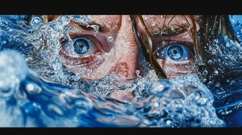 Intense Blue Eyes Underwater: A Detailed Hyperrealistic Painting