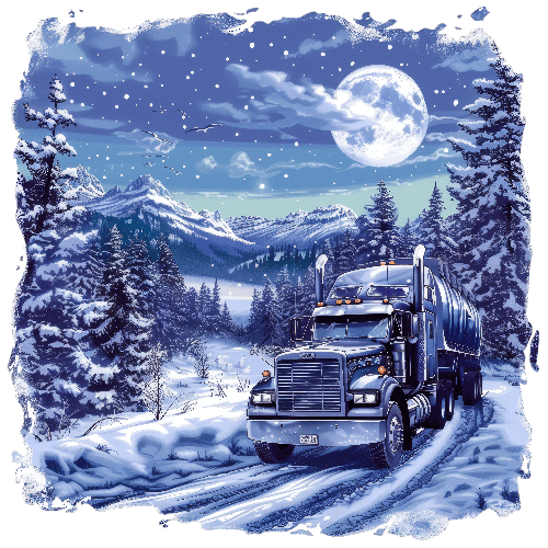 Semi-Truck Journey Through Snowy Forest Under Full Moon POD Design