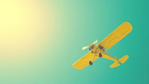 Vintage Yellow Biplane Flying in Retro-Style Minimalist Sky