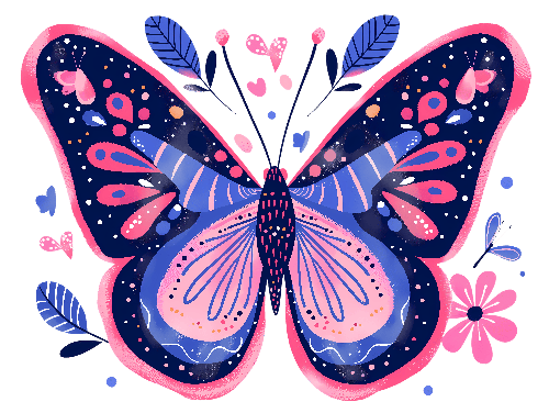 POD Design Whimsical Butterfly Illustration with Pink and Blue Wings