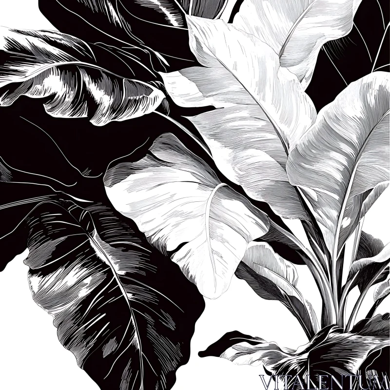 Botanical Banana Leaves Drawing in Monochrome AI Image