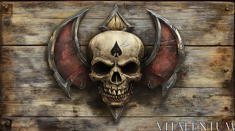 Winged Skull with Spade Symbol on Wood AI Image