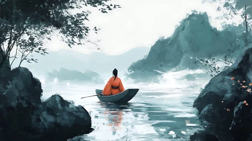 Person on a Boat in Misty Landscape
