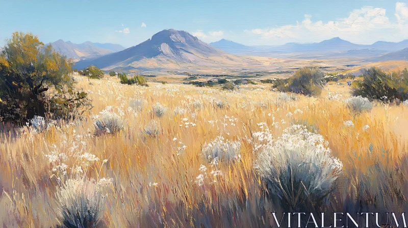 AI ART Golden Field with Distant Mountains