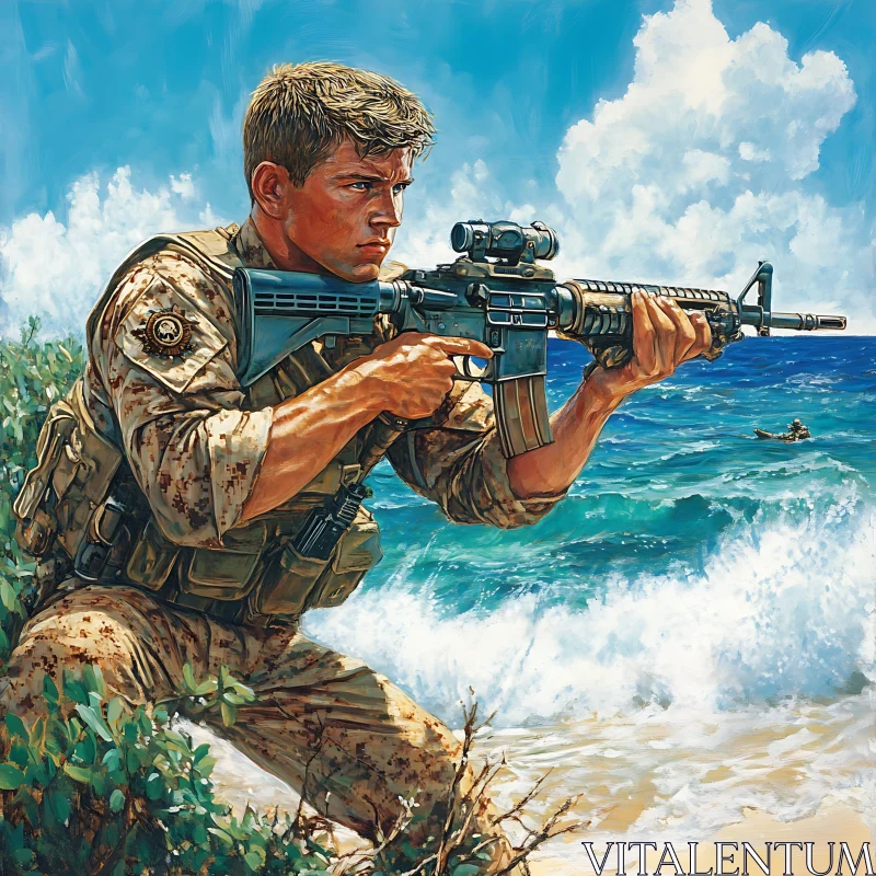 AI ART Shoreline Sentinel: Soldier with Rifle