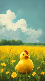 Yellow Chick in Blooming Nature