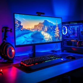 High-Tech Gaming Workspace with LED Lights and Scenic Screen