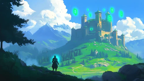 Green Hill Castle View with Glowing Warrior