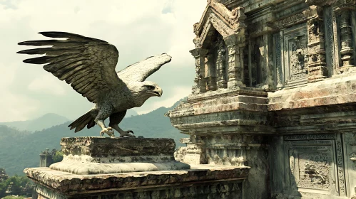 Stone Eagle Perched on Temple Ruins