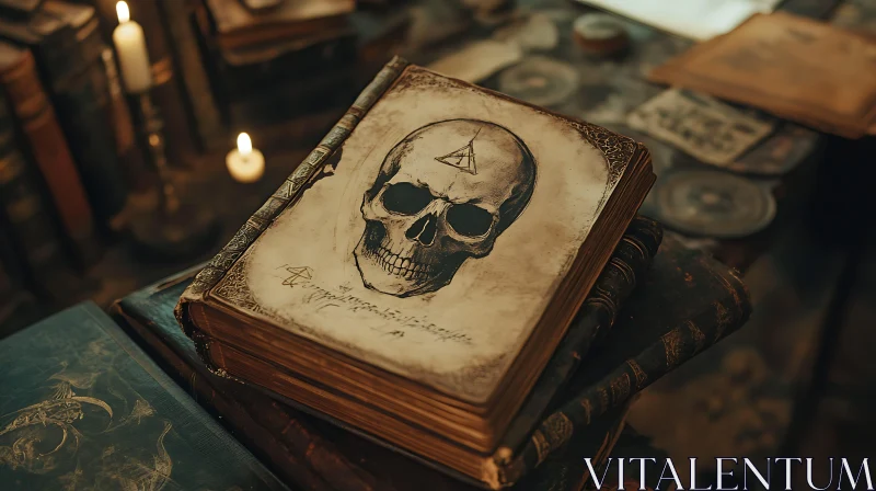 AI ART Ancient Tome with Skull Drawing