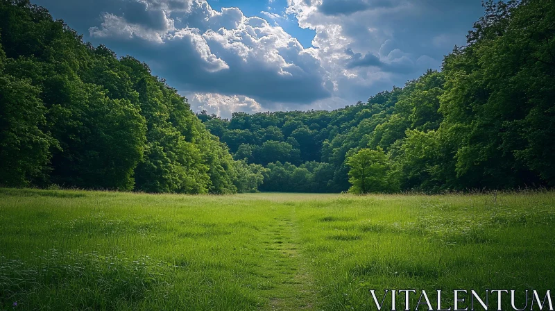 AI ART Tranquil Pathway in Green Forest Landscape