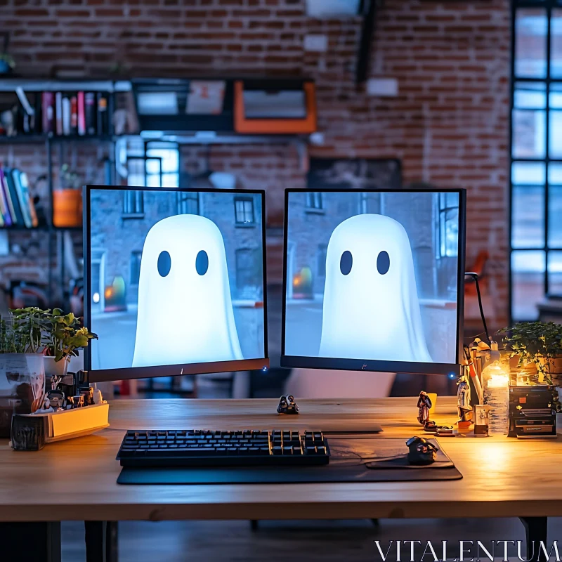 AI ART Office Workspace with Dual Screens Showing Animated Ghost