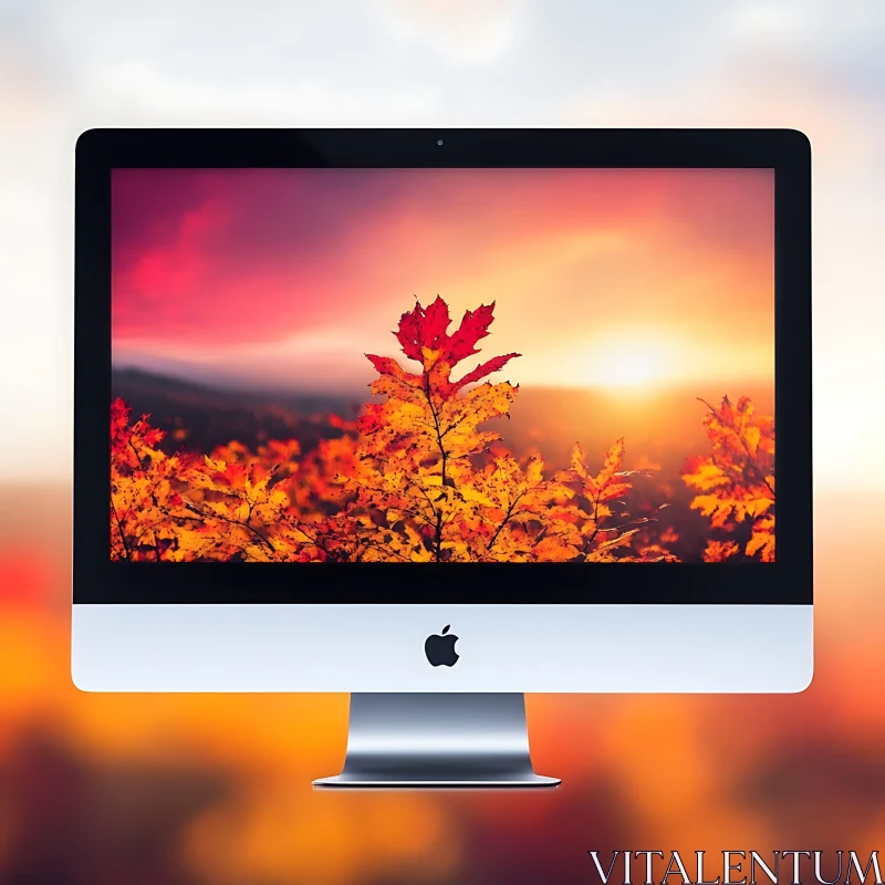 Autumn Sunset Leaves on Monitor AI Image