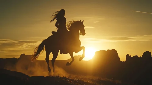 Woman Riding a Horse at Sunset